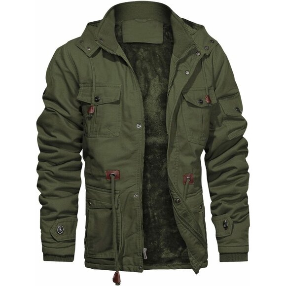 Mens Army Green Thick Winter Jacket Hooded Fleece Lined Cotton Military Coat - Picture 1 of 6